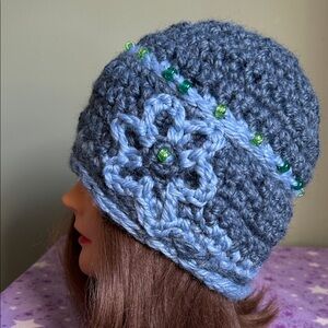 Handmade  Blue Crochet Beaded Women's Hat medium soft thick satin acrylic yarn